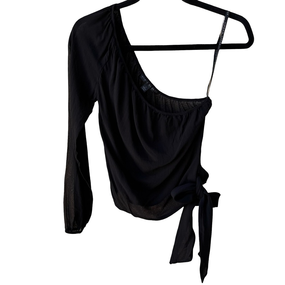 Sheri Bodell Y2K Silk Sheer Minimalist One Shoulder Asymmetric Side Tie Blouse S